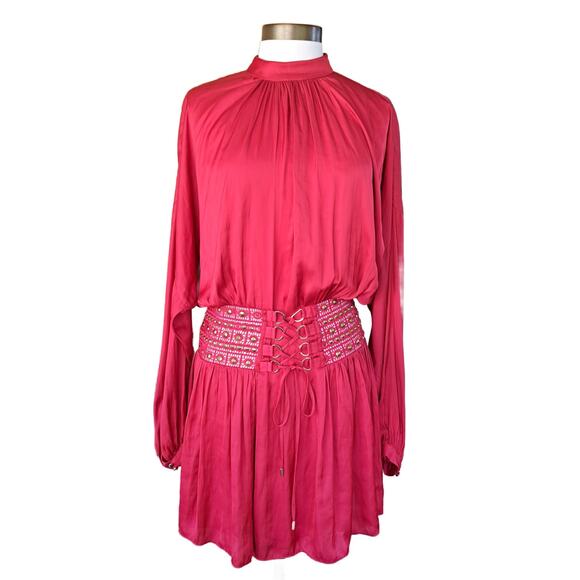 Ramy Brook Red Stella Drop-Waist Shiny Corset Red Mini Dress Size 6 - Picture 2 of 12